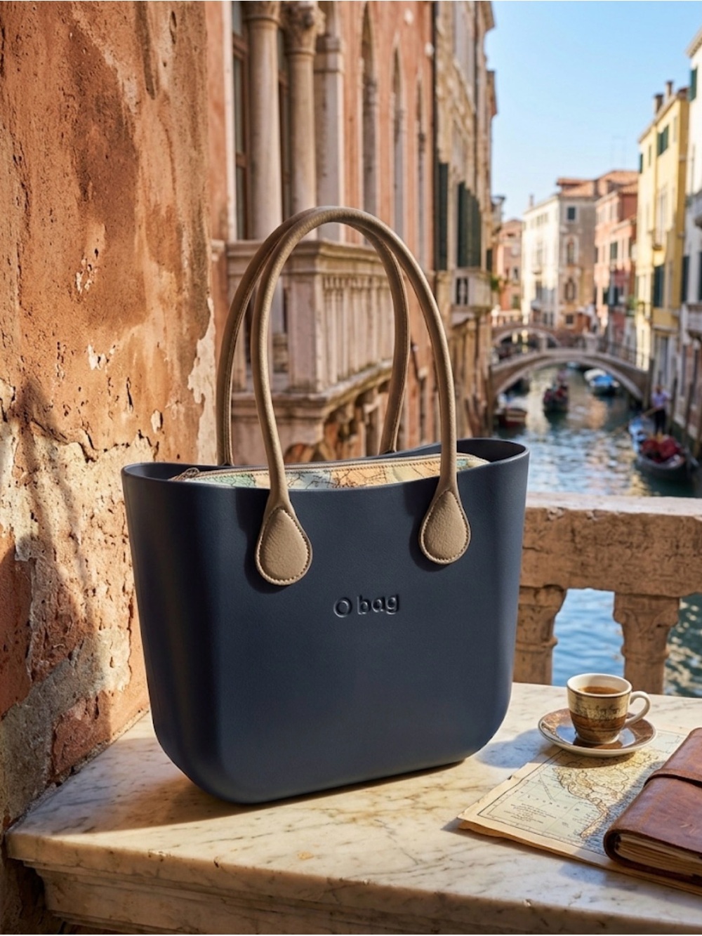 O bag Navy Tote with Tan Handles